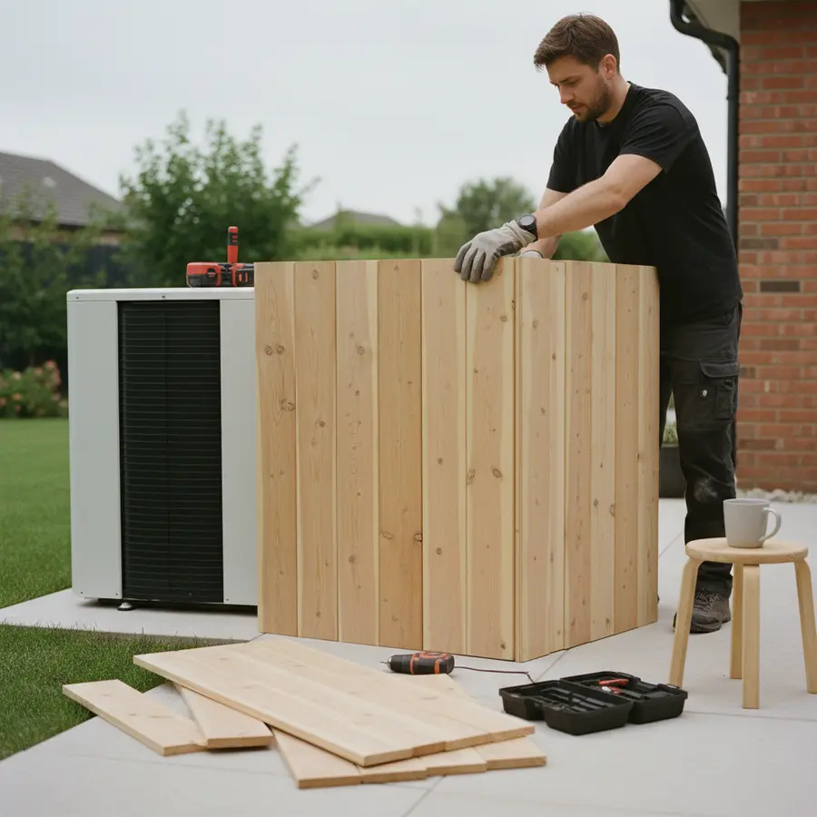 Bruit pompe à chaleur : assemblage d'une boîte acoustique en bois extérieure