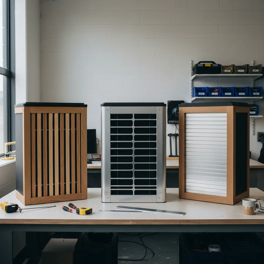 Cache pompe à chaleur en bois et alu exposés dans un atelier élégant