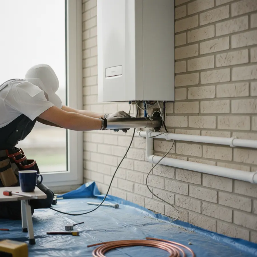 Installation d'une chaudière à ventouse moderne sur mur extérieur avec tuyaux