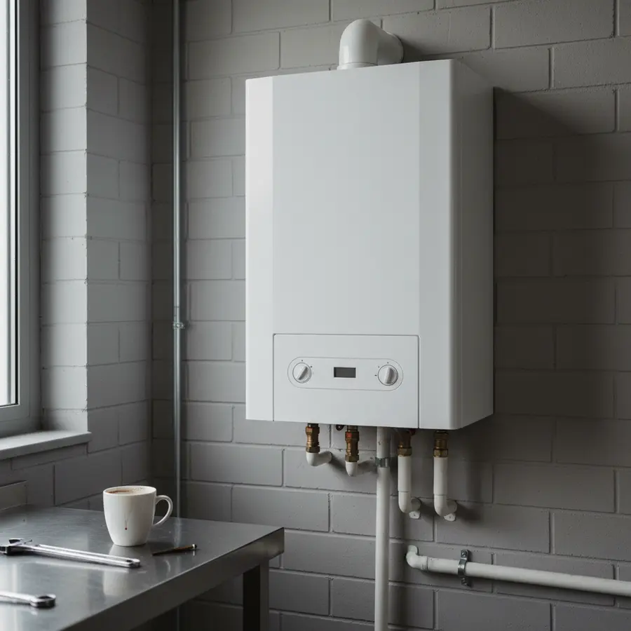 Chaudière Atlantic Naia en gros plan, chaudière à condensation moderne dans une salle technique