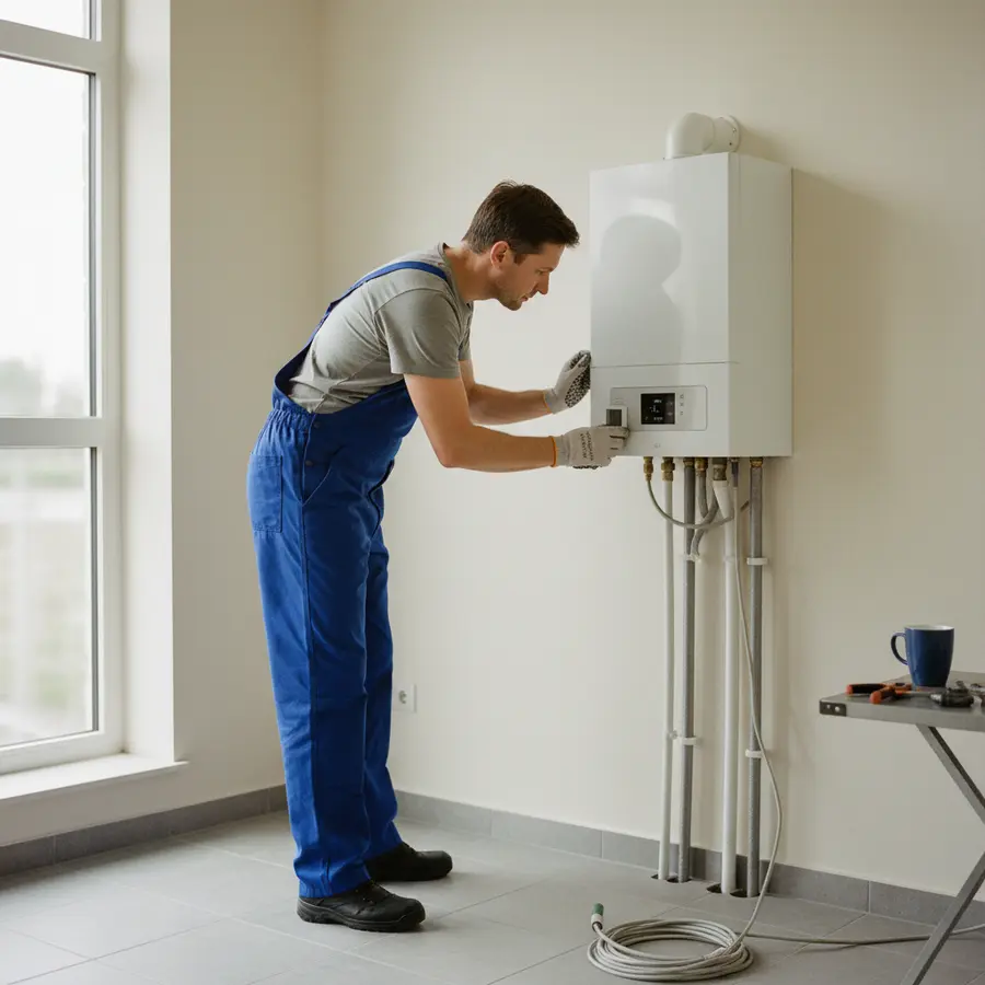 Installation de chaudière électrique chauffage central par un technicien dans une maison