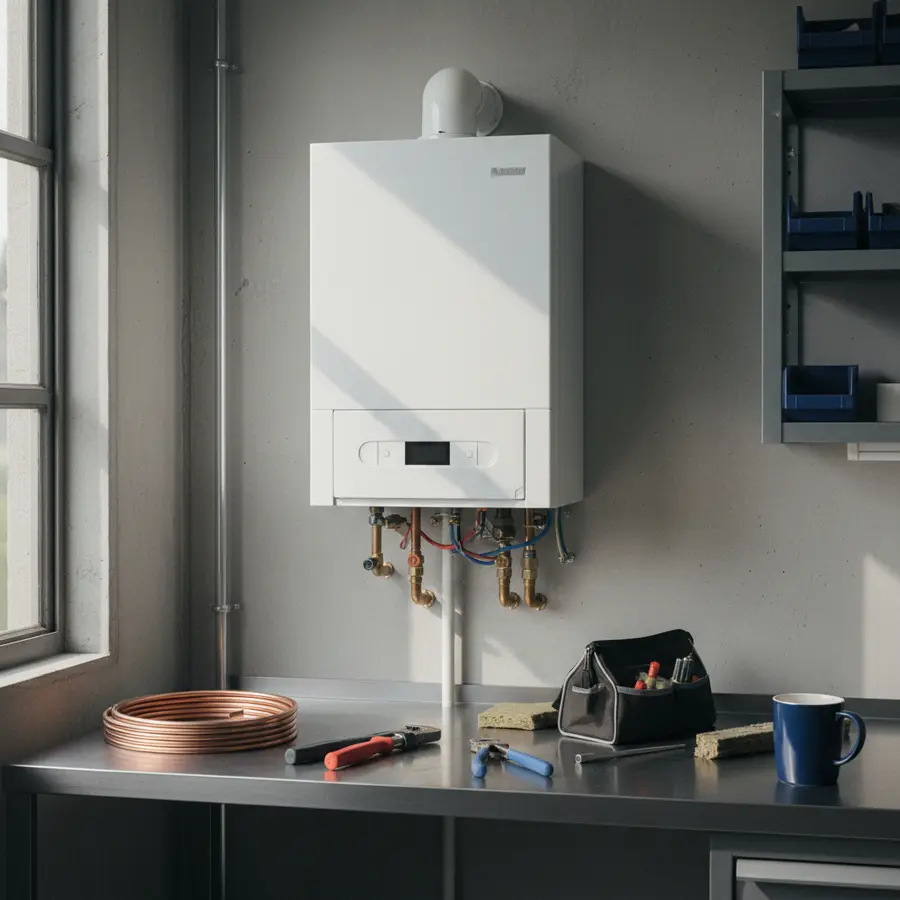 Chaudière ELM Leblanc : installation moderne dans un atelier avec outils