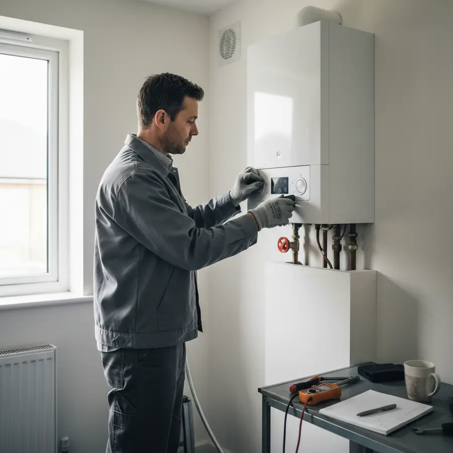 Chauffage au gaz : ingénieur ajustant une chaudière dans une maison résidentielle