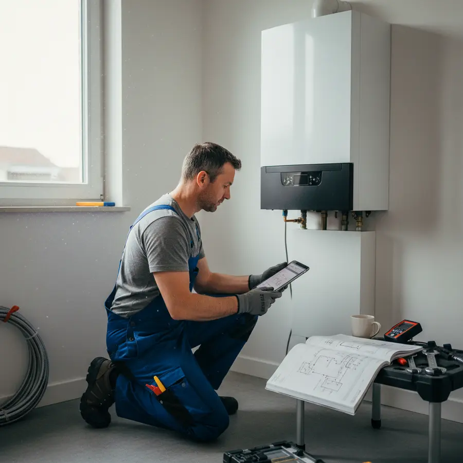 Plombier vérifiant un chauffage au gaz individuel dans une maison.