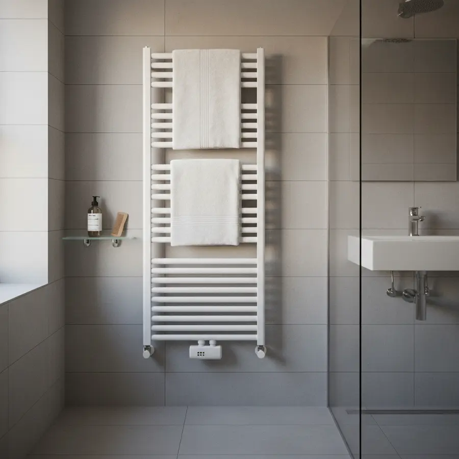 Chauffage salle de bain : comment choisir le meilleur modèle ? - Photo Chauffage salle de bain moderne avec radiateur électrique et éclairage chaud