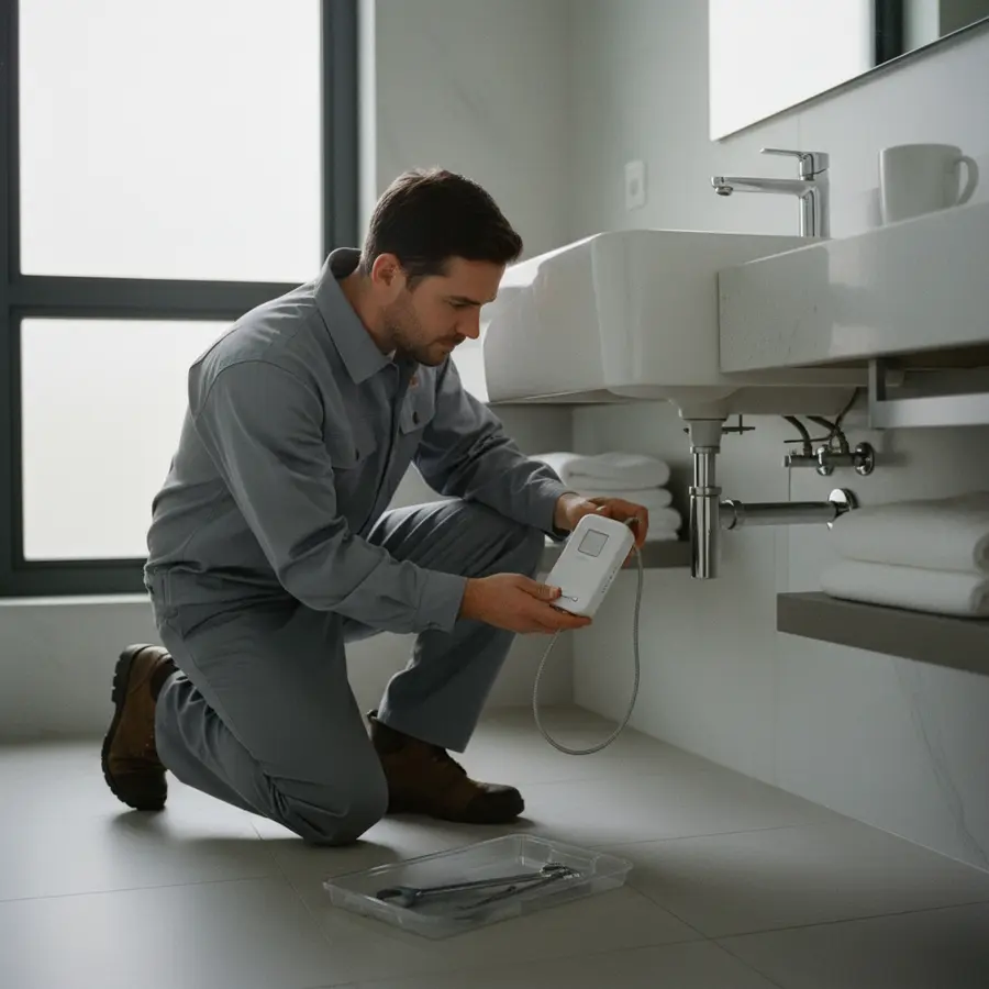 Détecteur de fuite d'eau vérifié sous un évier dans une salle de bain
