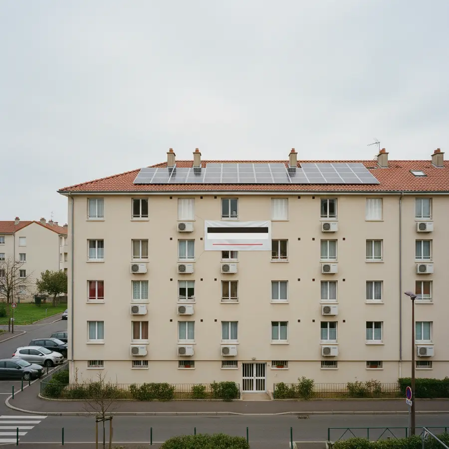 DPE E et location : immeuble résidentiel avec panneaux solaires et chaudières