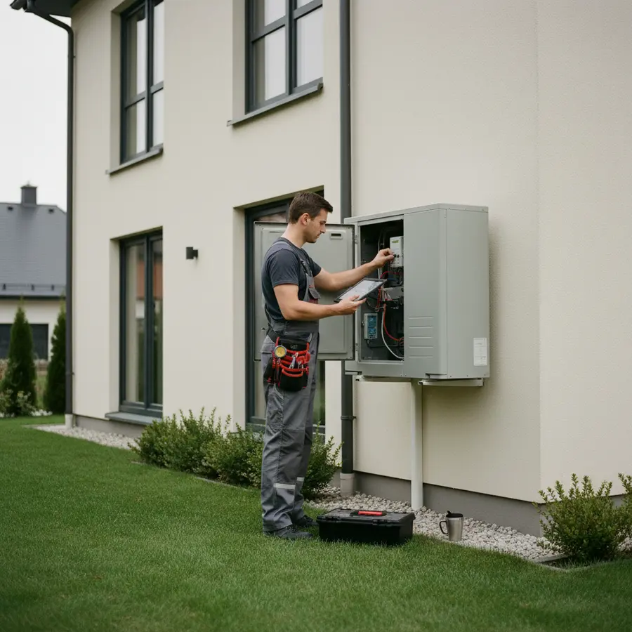 Inspection pompe à chaleur par un technicien extérieur de maison