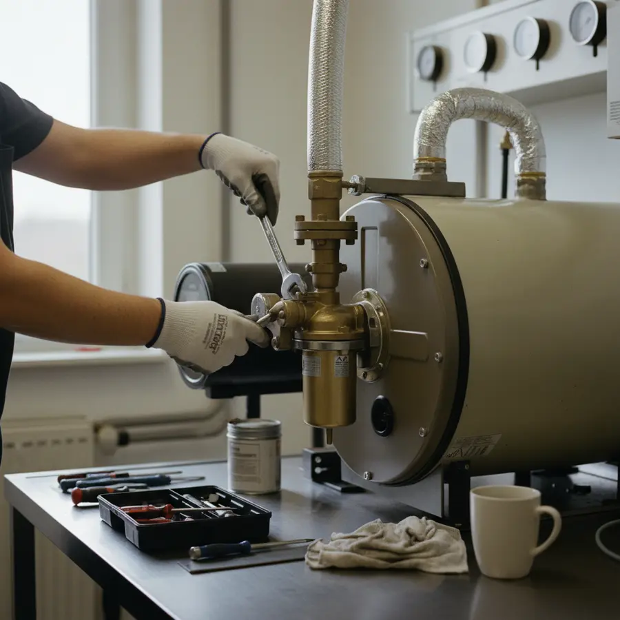 Filtre chaudière fioul : technicien remplaçant le filtre dans un atelier