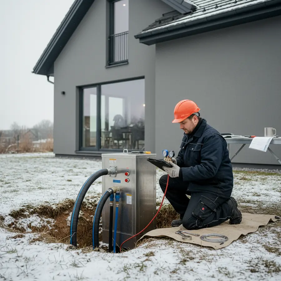 Technicien vérifiant une pompe à chaleur géothermie en hiver à domicile