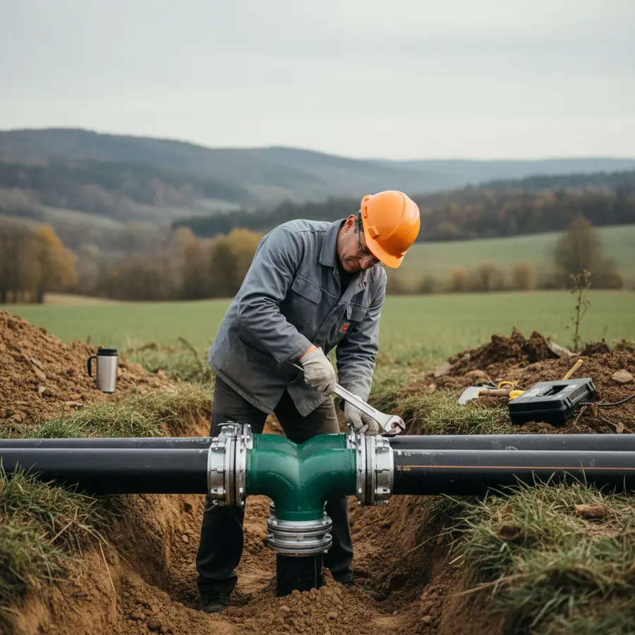 Installation de géothermie ou pompe à chaleur par un technicien en campagne