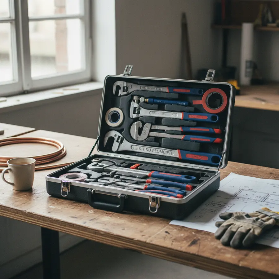Coffret outils plombier professionnel du kit du plombier sur un établi