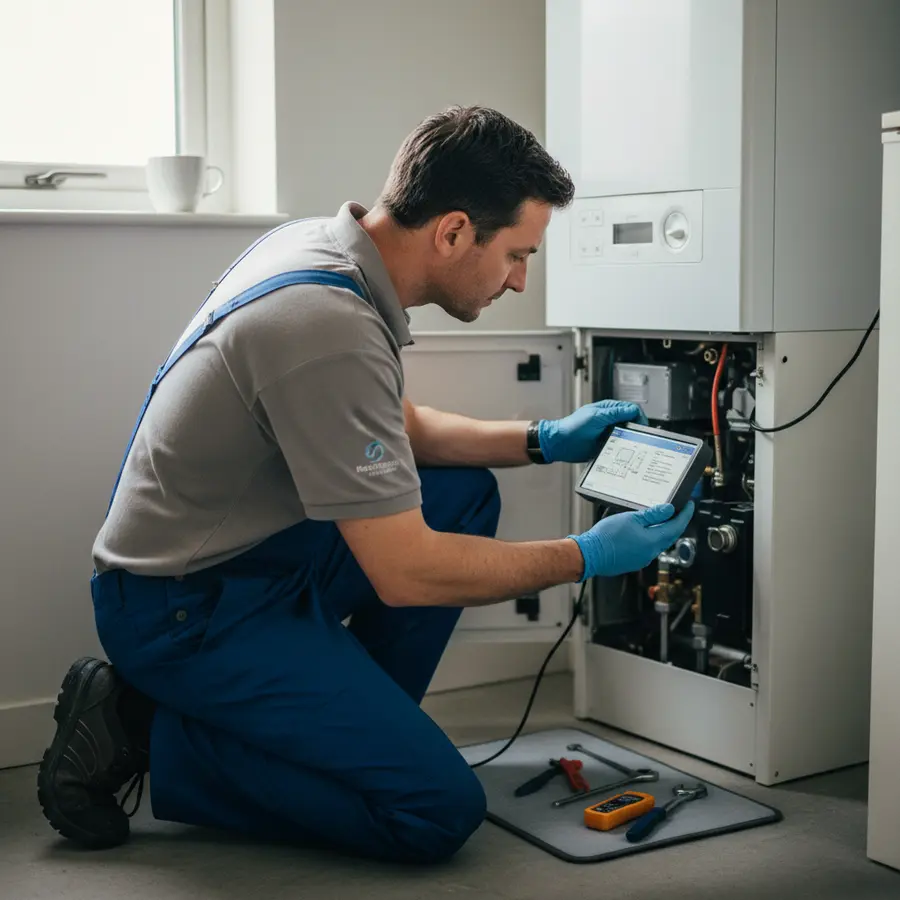 Technicien lisant des codes d'erreur chaudière Chappee dans une maison