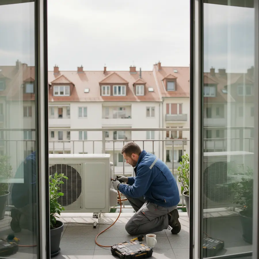 Installation pompe à chaleur air-air sur balcon d’un appartement par un technicien
