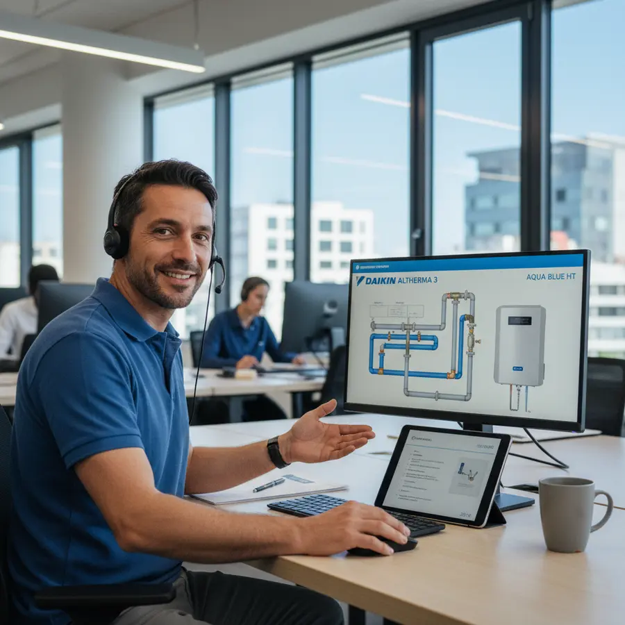 technicien support client Pompe à chaleur air eau Daikin rassurant en dépannage