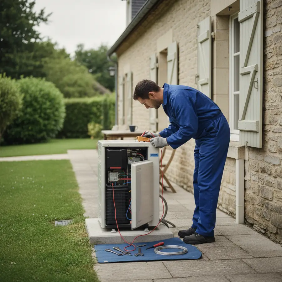 Technicien vérifiant la pompe à chaleur air eau monobloc chez une maison française