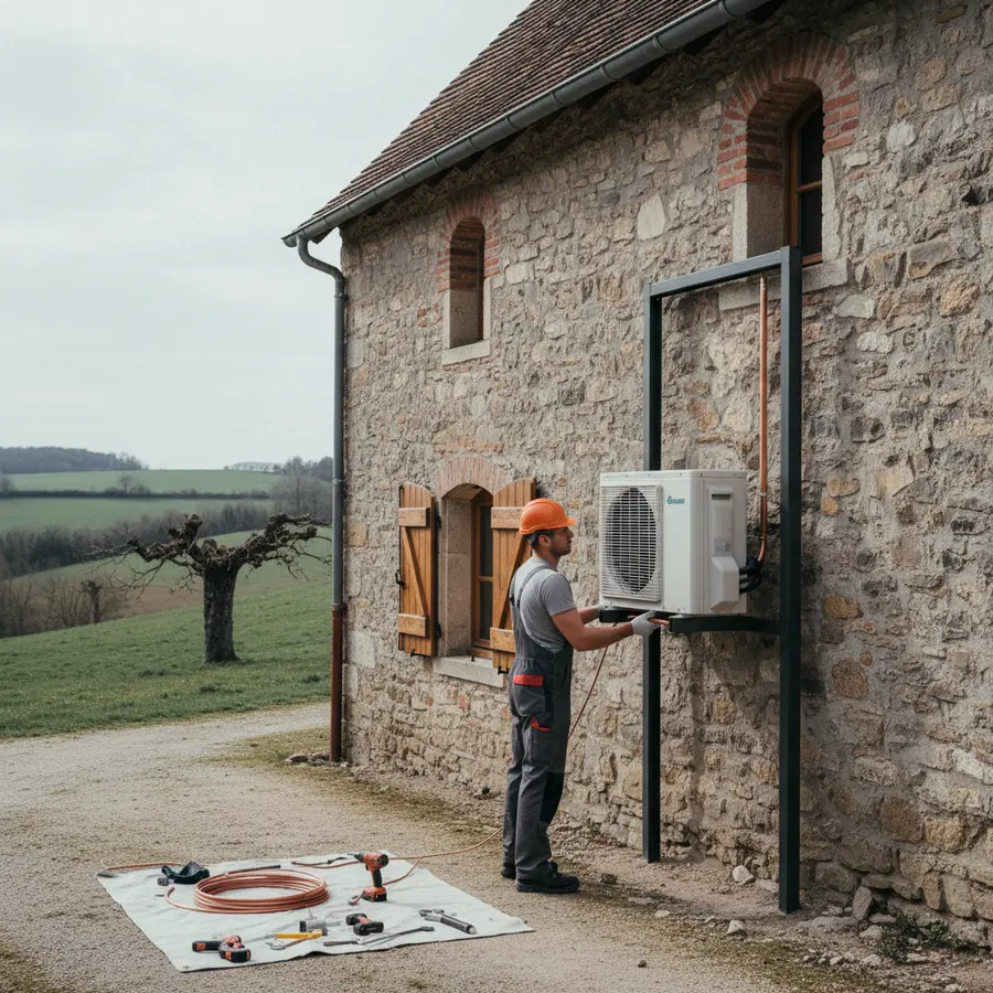 Installation de pompe à chaleur déconseillée devant une maison ancienne en pierre