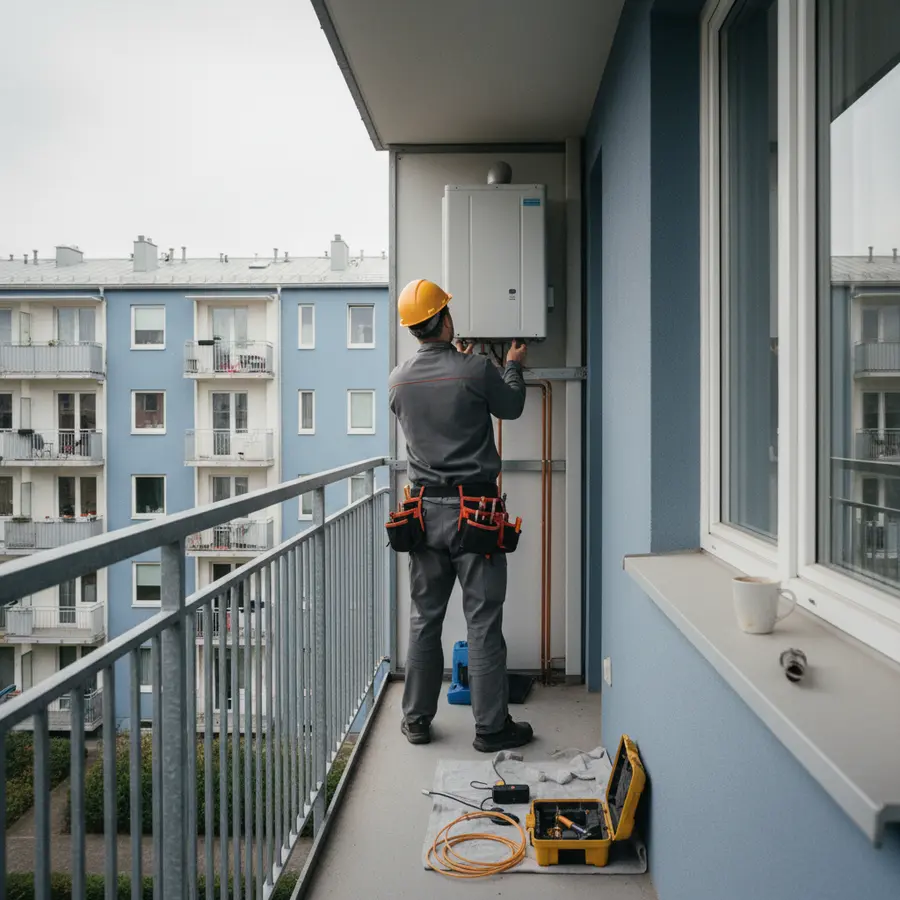 Installation pompe à chaleur en appartement sur balcon étroit par un ouvrier