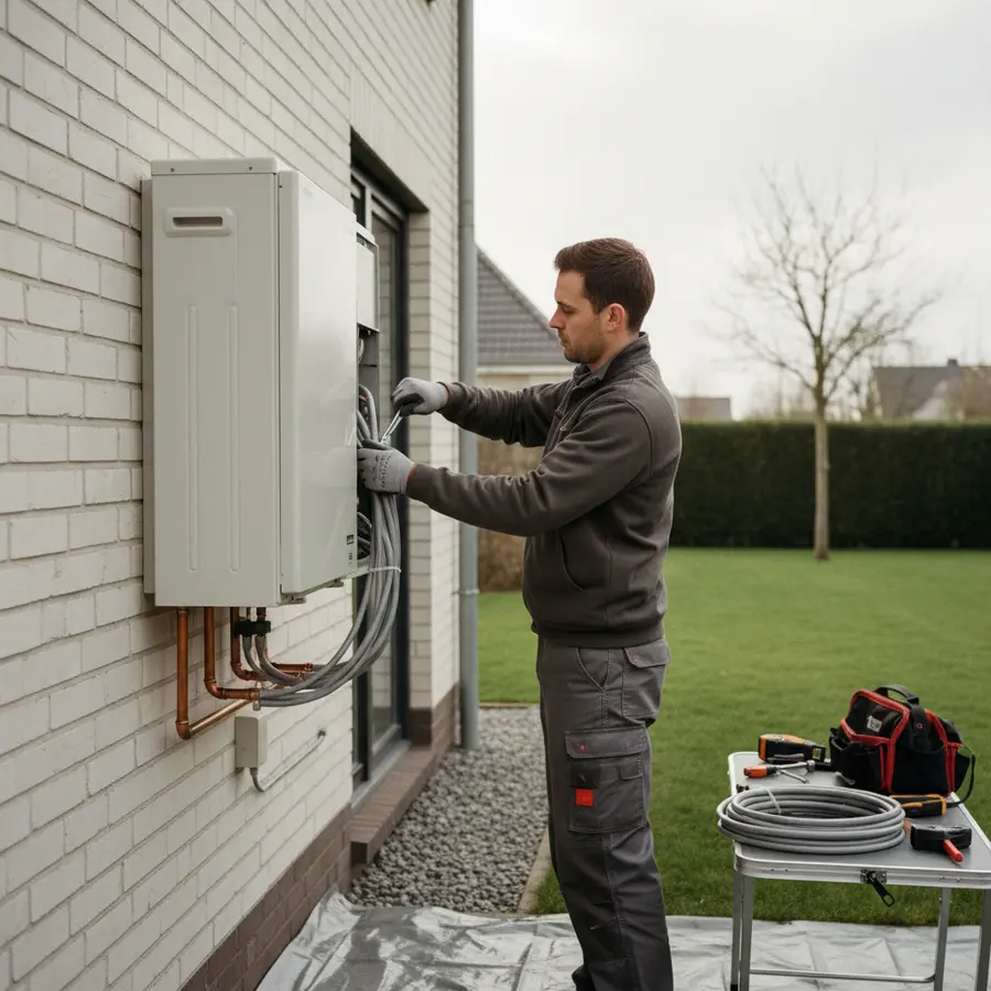 Installation de pompe à chaleur dans une maison résidentielle par un technicien