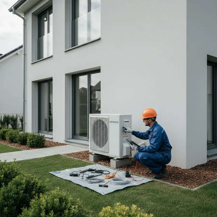 Pompe à Chaleur Hitachi installée devant une maison moderne par un technicien