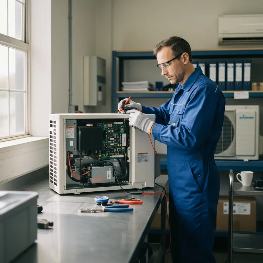 Technicien vérifiant pompe à chaleur Mitsubishi dans un atelier professionnel.
