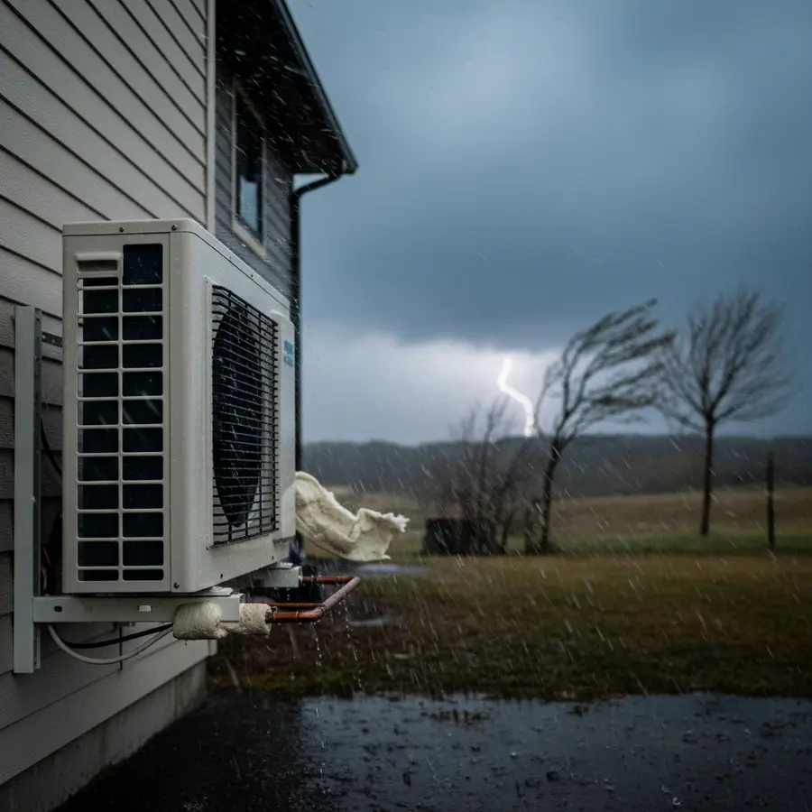 Pompe à chaleur réversible : Prix, fonctionnement et aides 2026 - Photo Pompe à chaleur réversible en extérieur sous tempête, impact météo sur installation