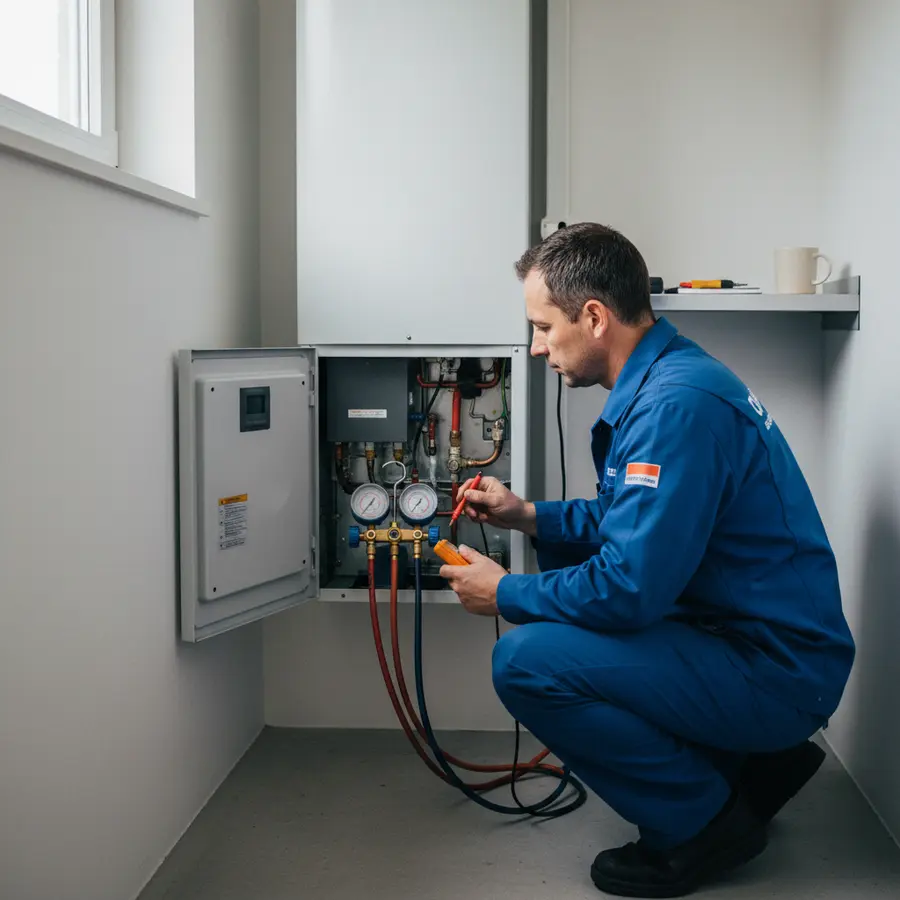 Prix Entretien Pompe à Chaleur : technicien vérifiant la pompe dans une maison