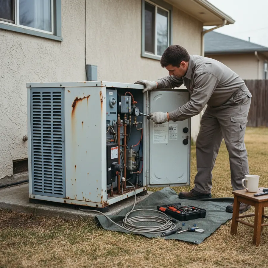 Prix pompe à chaleur air-air pour 120m2 : unité ancienne en réparation extérieure