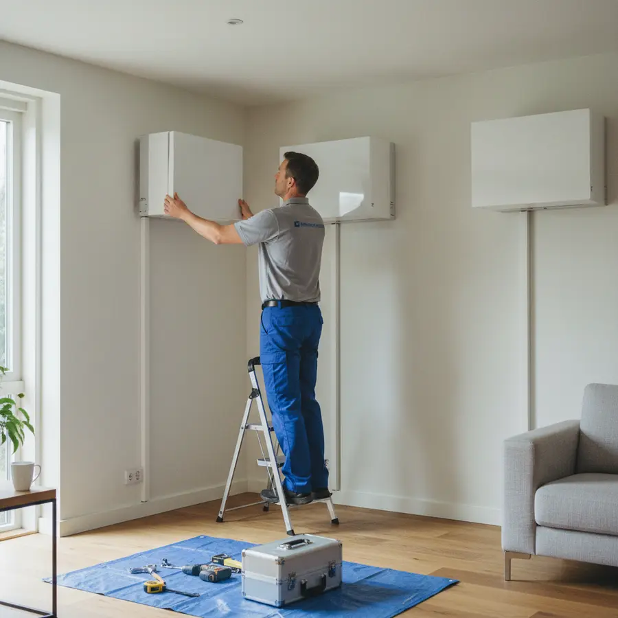 Installation de pompe à chaleur air-air pour 120m2 dans un salon domestique