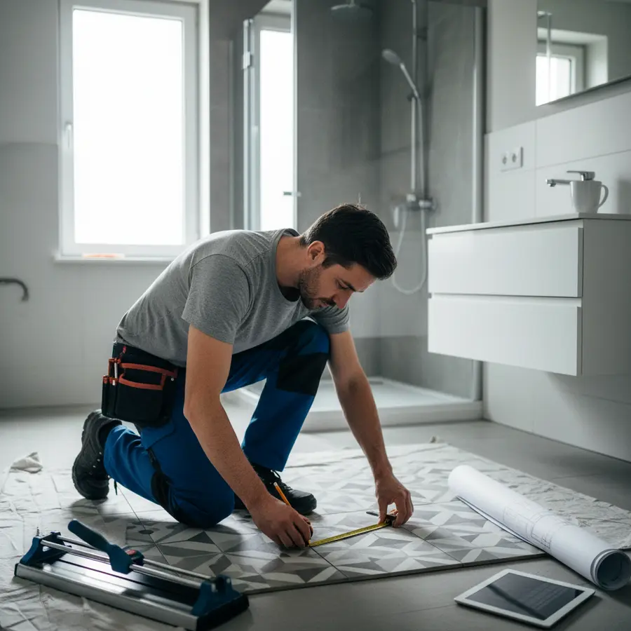 Prix rénovation salle de bain : professionnel mesurant des carreaux dans une salle de bain