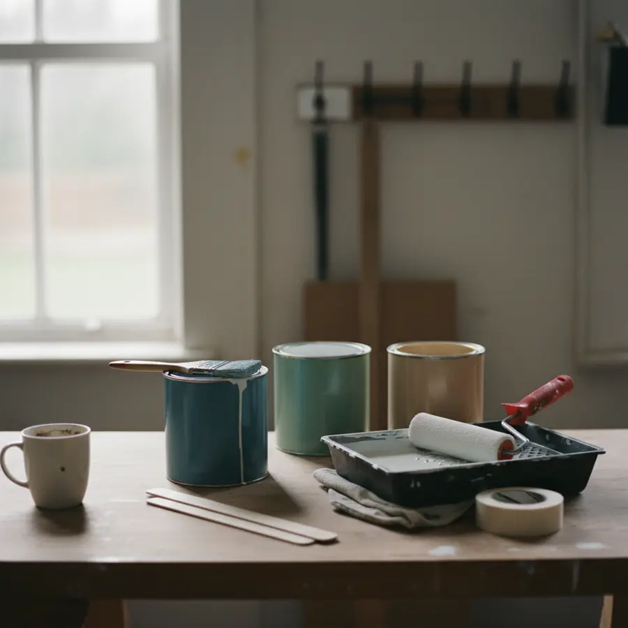 Peinture pour salle de bain : pots et outils sur un établi en bois