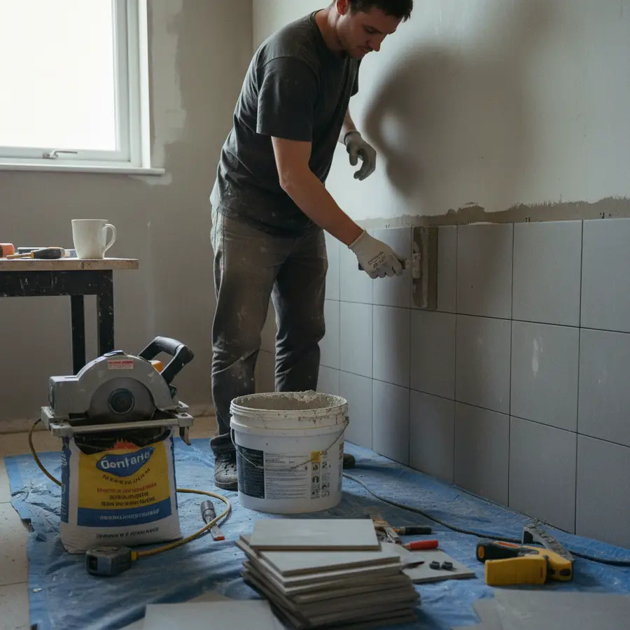 Rénovation carrelage salle de bain avec outils et matériaux en cours