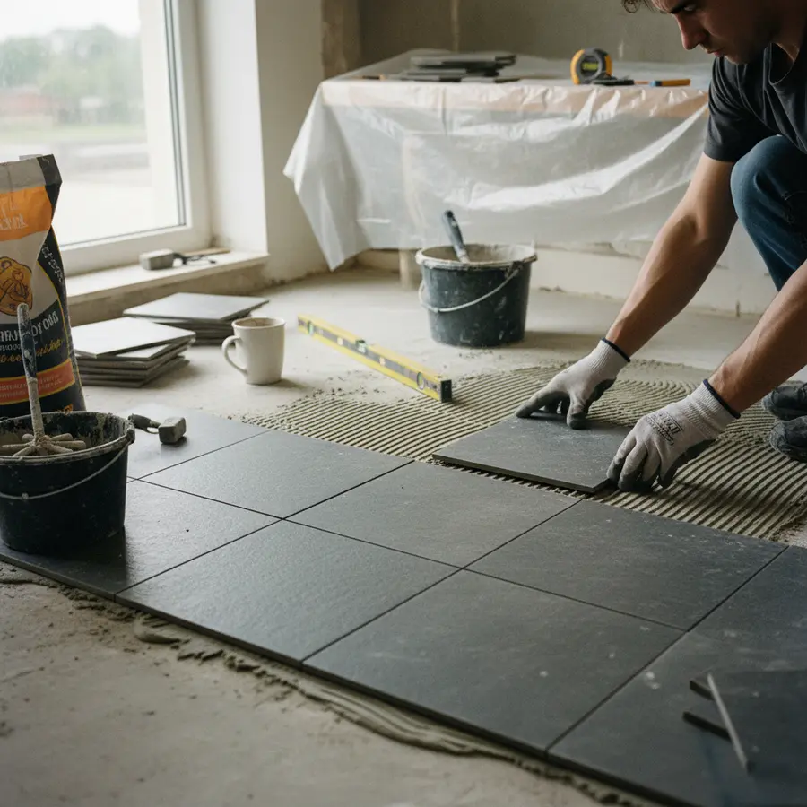 Rénovation salle de bain : pose du carrelage au sol avec outils visibles