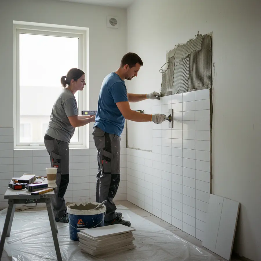 Rénovation salle de bain : pose des carreaux par des travaux professionnels