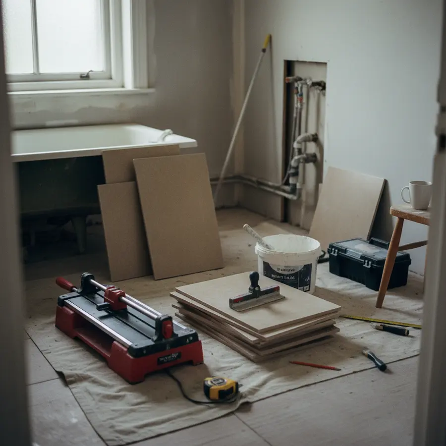 Rénover une petite salle de bain avec outils et carreaux dispersés