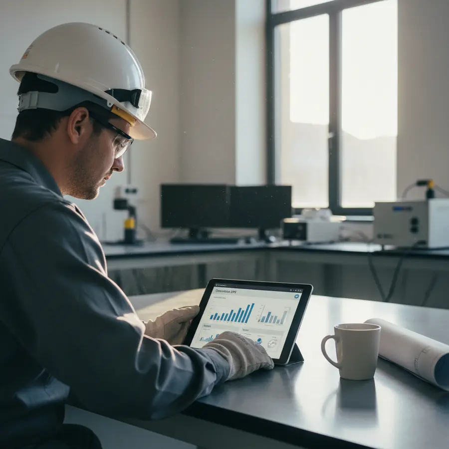 Simulation DPE : Tout comprendre avant de tester (Fiabilité & Calcul) - Photo Simulation DPE : ouvrier avec casque analysant des données sur le site