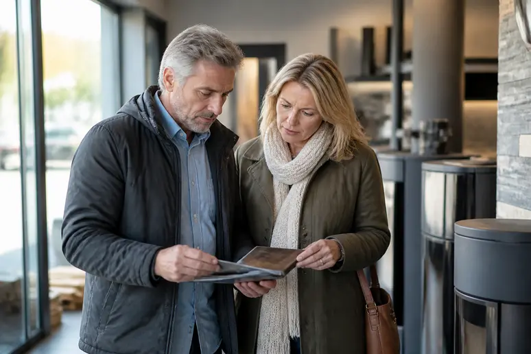 Couple français examinant des brochures sur les poêles à granulés dans un magasin de rénovation.