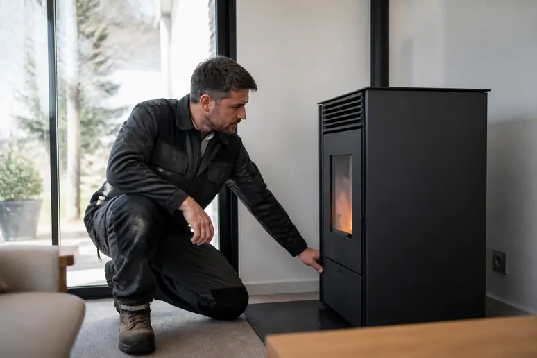 Technicien RGE vérifiant l'installation d'un poêle à granulés dans un salon lumineux.