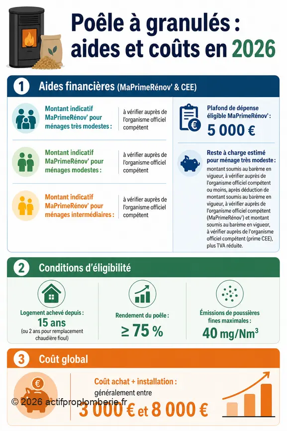Infographie synthétisant les aides financières, conditions d'éligibilité et coûts d'un poêle à granulés pour 2026.