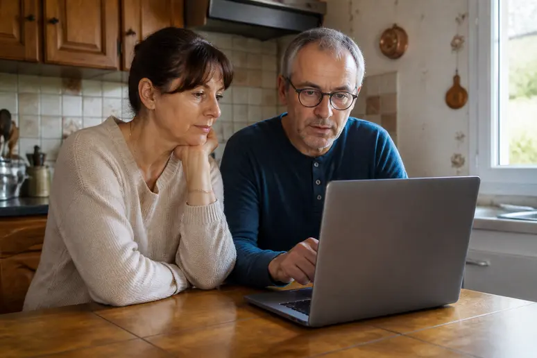Un couple français examine un simulateur d'aides à la rénovation énergétique sur leur ordinateur portable dans leur cuisine.