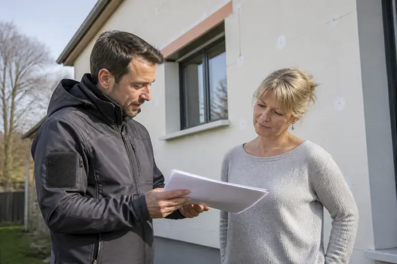 Un artisan certifié RGE discute des travaux de rénovation énergétique avec une propriétaire devant sa maison.
