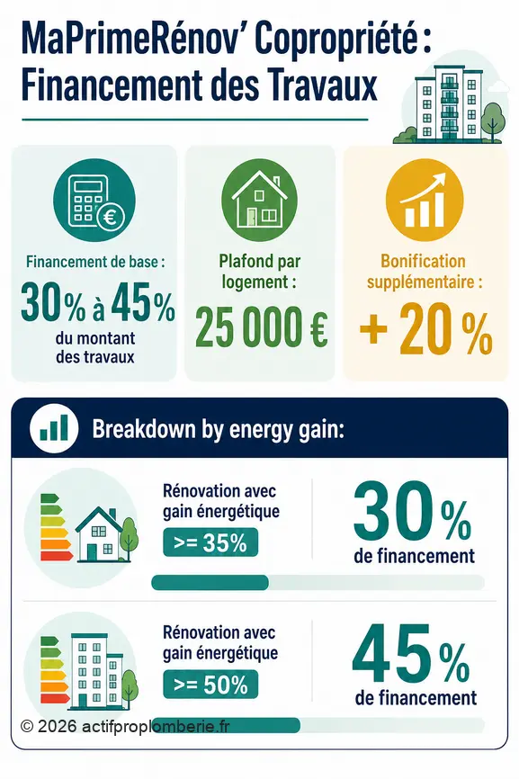 MaPrimeRénov' Copropriété : financement des travaux, plafonds et pourcentages selon le gain énergétique.