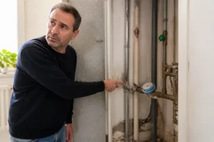 Un propriétaire français examine attentivement son compteur d'eau, inquiet de la localisation potentielle d'une fuite.