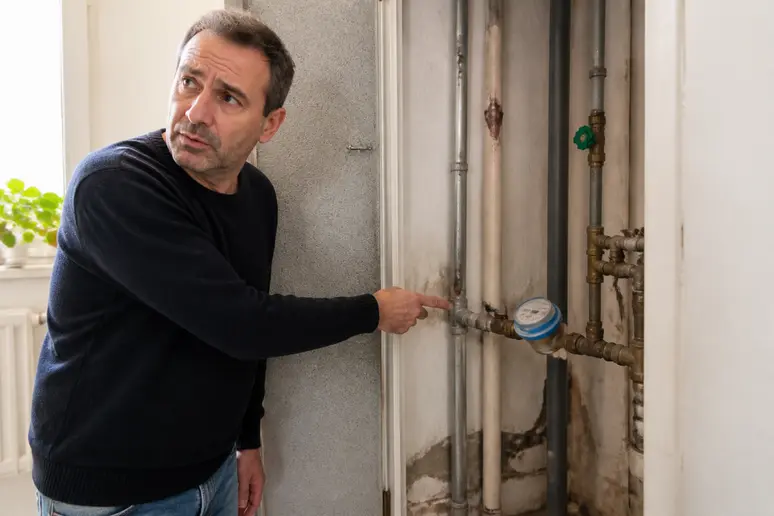 Un propriétaire français examine attentivement son compteur d'eau, inquiet de la localisation potentielle d'une fuite.