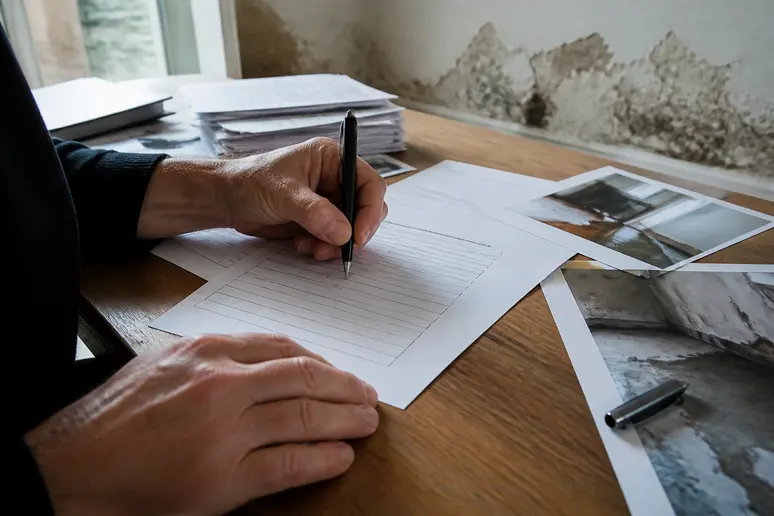 Des mains remplissent méticuleusement un formulaire de déclaration de sinistre dégât des eaux dans un appartement français.