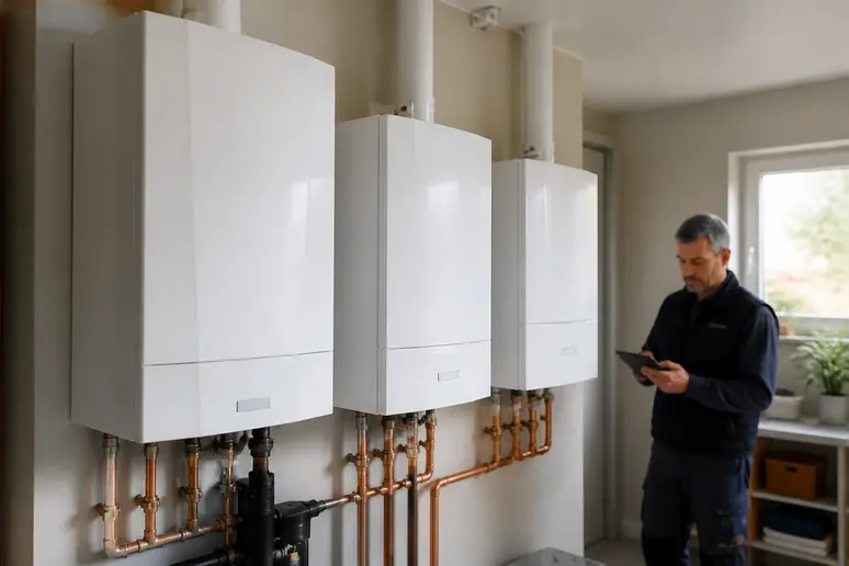 Trois modèles de chaudières ELM Leblanc à condensation, installés dans une pièce technique moderne d'un logement français.