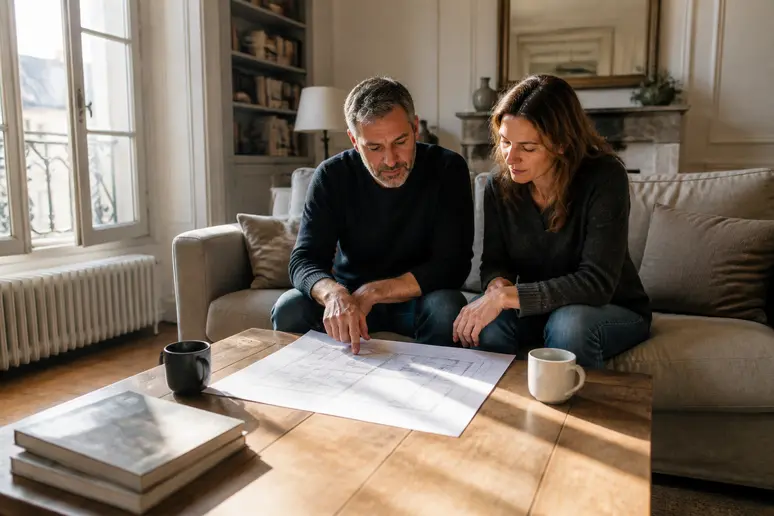 Couple français discutant d'une feuille de calcul pour déterminer la puissance d'une chaudière dans leur salon.