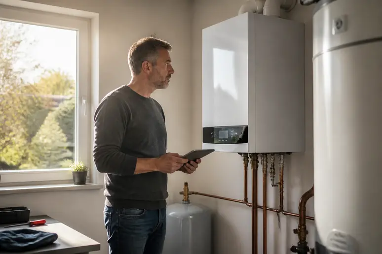 Un homme examine attentivement une chaudière à condensation Viessmann dans une buanderie bien éclairée.