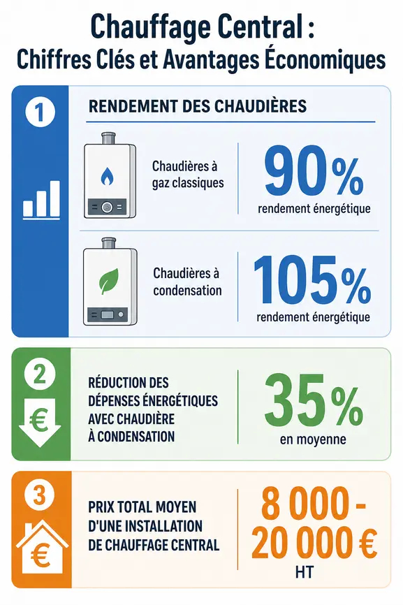 Infographie sur les chiffres clés du chauffage central : rendement des chaudières, économies et coût d'installation.