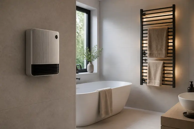 Différents types de chauffages muraux pour salle de bain : radiateur soufflant et sèche-serviettes élégant.